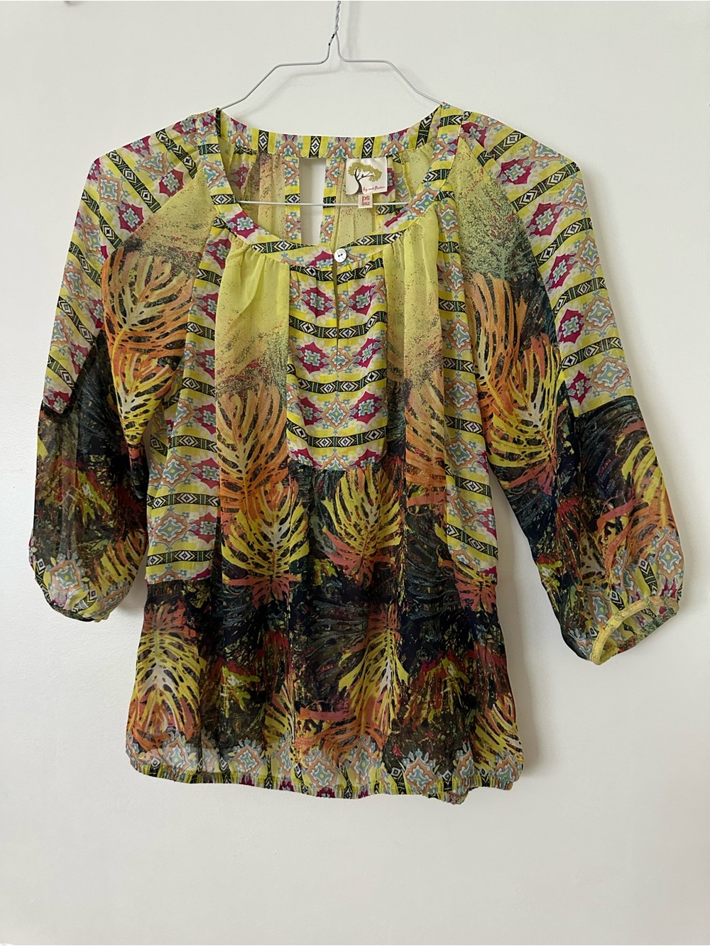 Fig and Flower Anthro Yellow Multi Printed Tropical Boho Blouse PS